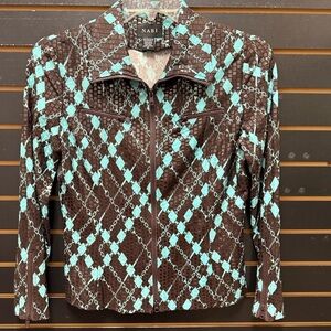NABI Turquoise Brown Argyle Diamond Print Zip Jacket Size M Stretch